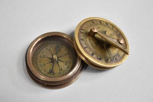 A Reproduction Circular Brass Combination Sundial and Compass, as Made by Stanley of London, 5cm