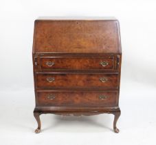 A Bur Walnut Fall Front Bureau with Three Long Drawers to Base, 76cm wide