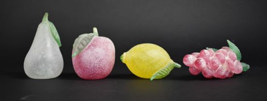 Four Hand Blown Frosted Glass Fruit Ornaments, Apple, Lemon, Pear and Bunch of Grapes
