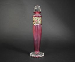 A Cranberry Glass Perfume Bottle of Elongated Form with Silver Band and with Stopper, Signed to