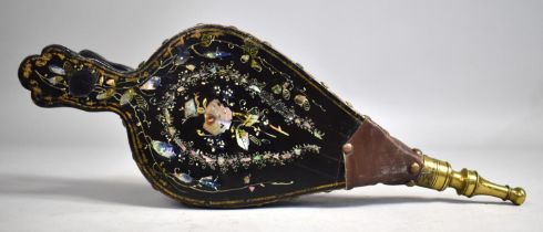 A Laquered Wooden Pair of Miniature Bellows Decorated with Mother of Pearl and Gilt, Brass Nozzle