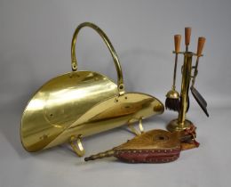 A Brass Log Basket together with Fire Companion Set and Pair of Bellows
