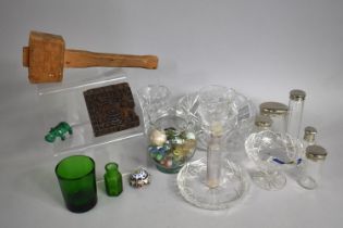 A Collection of Various Items to Comprise Silver Plated and Glass Bottles, Marbles, Vintage Printing
