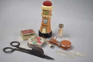 A Collection of Curios to include Candlesnips, Novelty Tape Measures, miniature Sewing Kit Etc