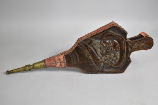 A Carved Oak Set of Bellows with Brass Nozzle Decorated with the Carved Bust of Charles I, 66cm Long