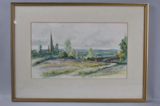 A Framed Watercolour, Rural Scene Hilltop with Church Spire and Slate Red Brick House Top to