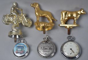 A Collection of Three Modern Brass Car Mascots and Three Pocket Watches