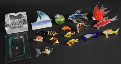 A Collection of Various Glass Fish together with a Millefleur Rectangular Dish, Murano Boat