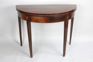 A 19th Century Demi Lune Mahogany Lift Top Tea Table on Square Tapering Support, 90cm wide