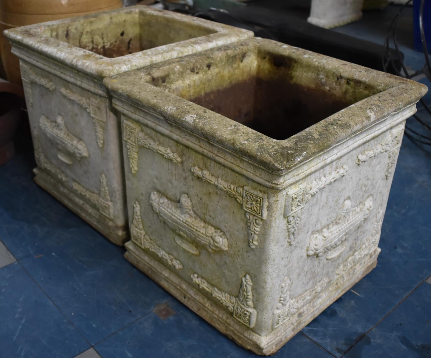 Two Reconstituted Stone Garden planters of Square From with Classical Urn and Ornate Relief, 40cms