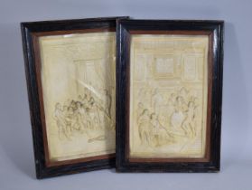 A Pair of Framed Cast Composition Relief Pictures Depicting Court Scene and Murder, Each 29x18cms
