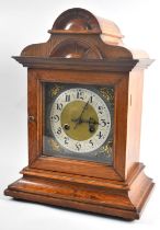 A Late Victorian/Edwardian Continental Bracket Clock in Oak Having Silvered Chapter Ring, Pierced