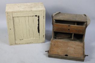 A Vintage Cream Painted Wall Hanging Shelved Cabinet and a Fishing Box