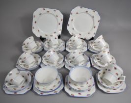 A Colclough Rose Pattern and Blue Trim Tea Set to comprise Cups, Saucers, Side Plates, Cake Plates