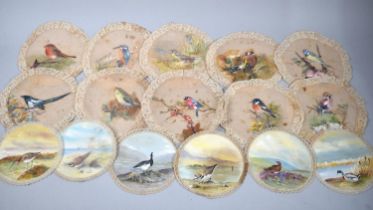 A Collection of 14 Circular Hand Painted Silk Coasters Depicting British Birds, 18cms Diameter and