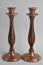 A Pair of Turned Wooden and Copper Arts and Crafts Style Candlesticks, 17cms High