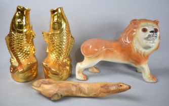 A Large Glazed Ceramic Study of a Lion Together with Two Lustre Fish Vases and a Carved Study of a