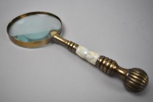 A Modern Brass and Mother of Pearl Handled Desktop Magnifying Glass, 25.5cms Long