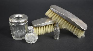 A Collection of Various Silver Mounted Dressing Table Items to Comprise Brushes, Glass Pot, Cut