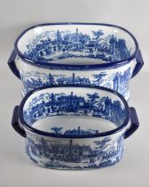 A Graduated Pair of Reproduction Blue and White Foot Baths, 46cms and 35cms Wide