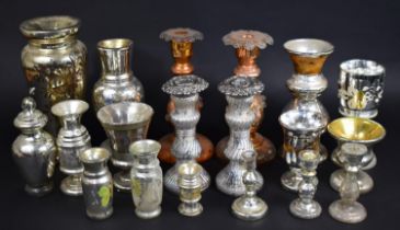 A Collection of Various Victorian Mercury Glass Vases, Candlesticks Etc, Condition issues