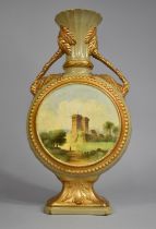 A Charles Barlow Vase, Flask Form having Central Hand Painted Castle Decoration with Stylised Twin