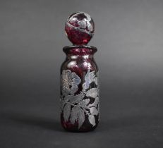 A Laugharne Silver Overlaid Cranberry Glass Scent Bottle, 11.5cm high