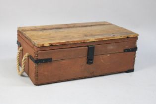 A Wooden and Iron Banded trunk with Four plank Hinged Lid having Two Rope Carrying Handles, 70cms