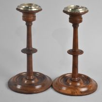 A Pair of Italian Turned Olive Wood Candlesticks with Silver Plated Tops, Sender Form, 17cm High