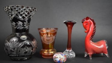 A Collection of Various Coloured Glass to Comprise Brierglass Cut Ruby Glass Vase, Studio Glass
