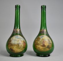 A Pair of Late 19th Century Continental Green Glass Bottle Vases with Hand Painted Rural Cottage