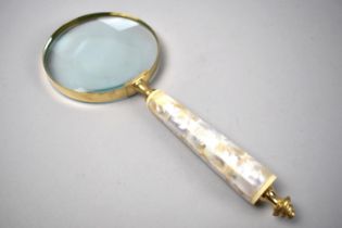 A Mother of Pearl Handled Brass Framed Desktop Magnifying Glass, 25cms Long