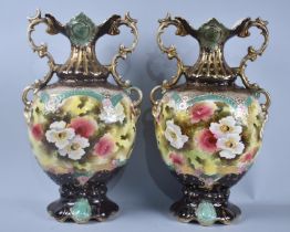 A Pair of Edwardian Continental Two Handled Mantel Vases, Floral Decoration, One Glued Lip, 43cms