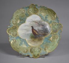 A Grangers Worcester Plate of Moulded Pierced Form with Central Quatrefoil Hand Painted Cartouche,