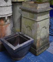 A Terracotta Chimney Pot of Tapering Rectangular Form together with a Glazed Stoneware Hopper, 53cms