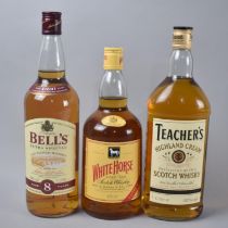 Three One Litre Bottles of Blended Whisky to include White Horse, Bells and Teachers
