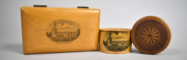 A Mauchline Ware Napkin ring for Hatfield Church together with a Rectangular Lidded Box Also for