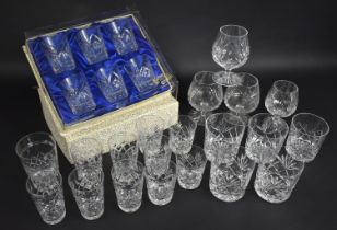 A Collection of Various Cut Glass Tumblers, Boxed Set of Tudor Short Tumblers, Brandy Balloons Etc