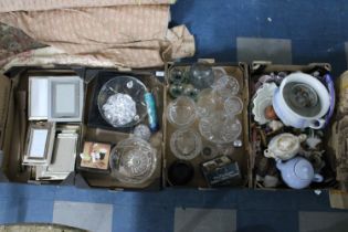 Four Boxes of Various Ceramics, Glass and Metalwares, Teapots, Silver Plated Photo Frames Etc