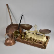 A Collection of Various Metawares to include Large Skillet, Kitchen Scales and Weights, Brass