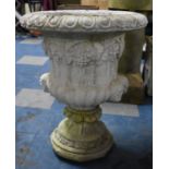 A Reconstituted Stone Garden Planter of Urn Form, Moulded Bacchus Bust with Vine and Grape Design,