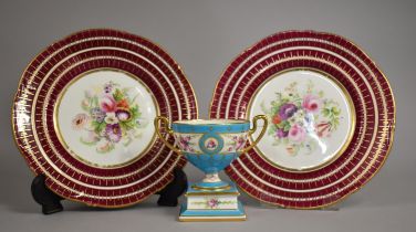 Two 19th Century Hand Painted Plates with Central Floral Garland Design with Burgundy and Gilt