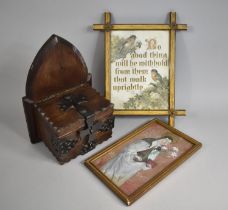 A Mid 20th Century Wall Hanging Oak Offertory Box with Metal Mounts together with Religious