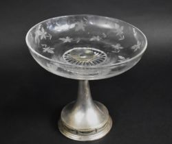 An Edwardian WMF Silver plated and Etched Glass Table Centre Tazza with Maple Leaf Decoration, 23cms