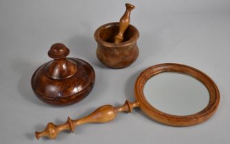 A Collection of Various Treen to comprise Turned Wooden Box and Cover, Pestle and Mortar and a