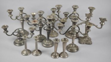 A Collection of Various Silver Plated Three Branch Candelabras to Include Three Branch Examples etc