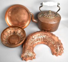 A Collection of Copperwares to Include Fish Jelly Mould, Copper Kettle and Two Circular Bowls