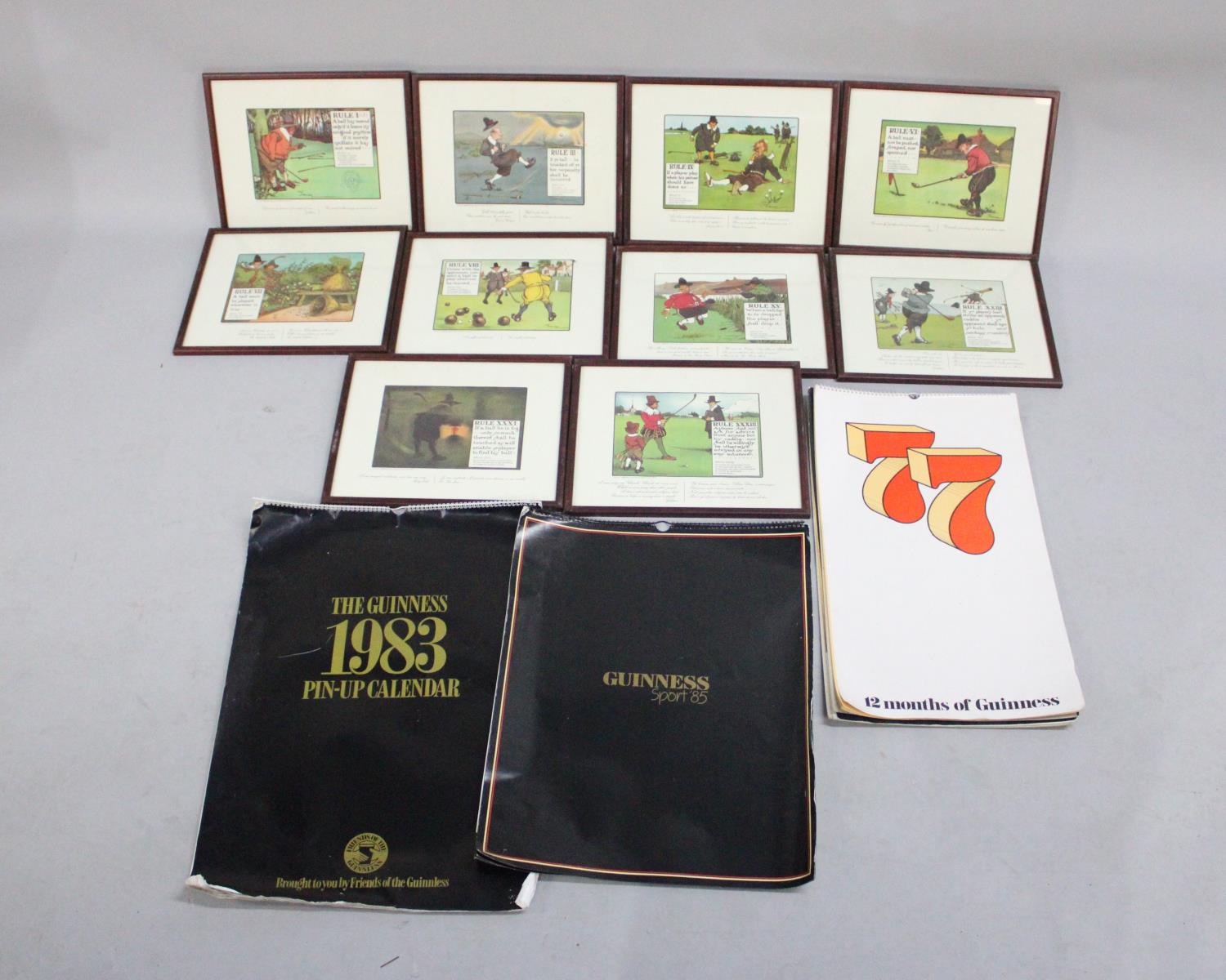 Three 1970s/80s Guinness Calendars Together with Ten Framed Perrier Water Golfing Cartoons