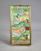 A Hand Painted Mughal Miniature Depicting Hunt and With Script Verse, 8.5cm x 17cm high, in Brass