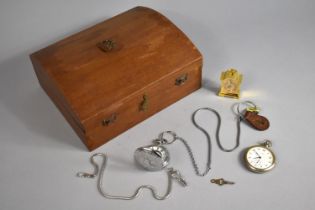 A Modern Dome Topped Box Containing Two Modern Pocket Watches and A Miniature Brass Mantle Clock